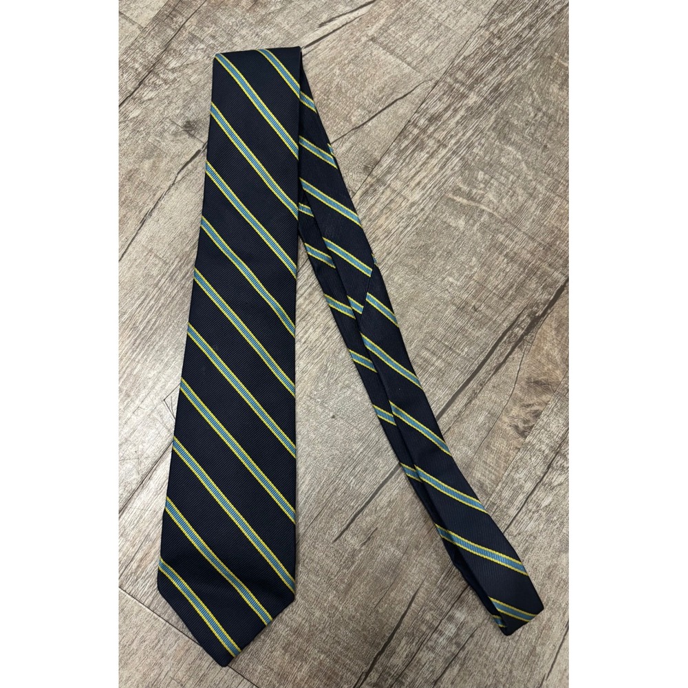 The Silk Company of London Mens Silk Tie Navy Blue Yellow Stripe Made in England